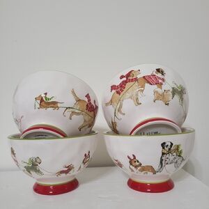 Pier 1 Dog Print Holiday White Ceramic Footed Bowls Red & Green Trim Set of 4